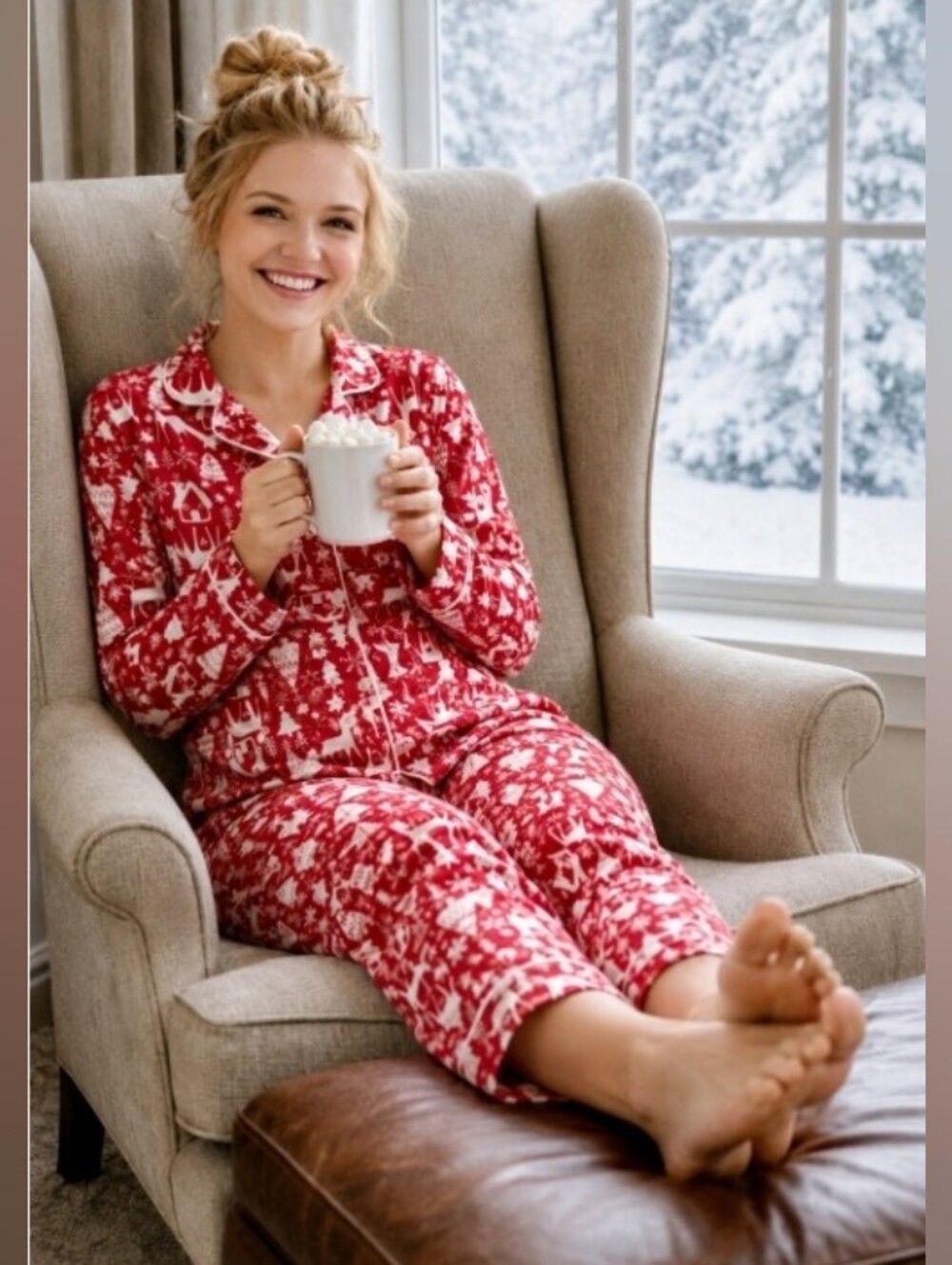 OLD NAVY Pajama Set sz M Reindeer Trees Cottages Cotton Flannel Excellent